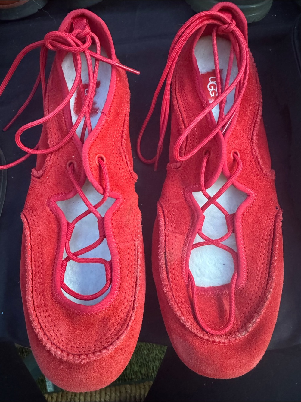 UGG Women's Bright Red Suede Lace-Up Flats